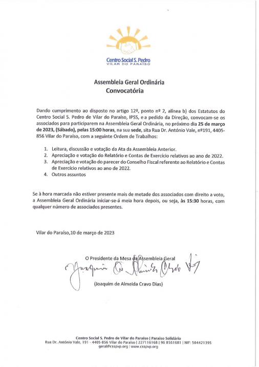 Convocatória Assembleia Geral Relatório e Contas 2022