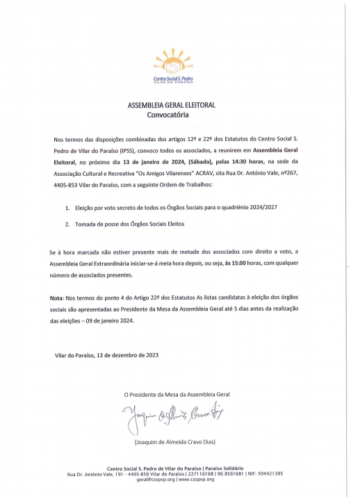 Convocatória Assembleia Geral Ordinária - Programa de Ação e Orçamento 2024