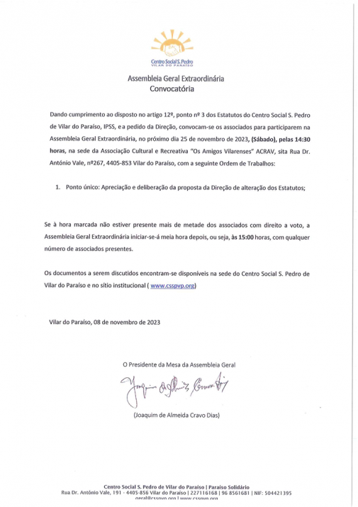 Convocatória Assembleia Geral Extraordinária do CSSPVP