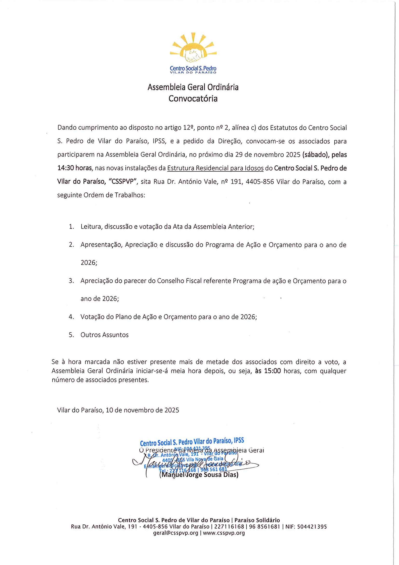 Convocatória Assembleia Geral Ordinária - Programa de Ação e Orçamento 2026