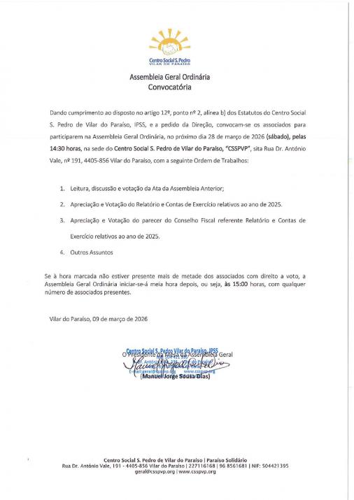 Convocatória Assembleia Geral Ordinária Relatório e Contas 2025