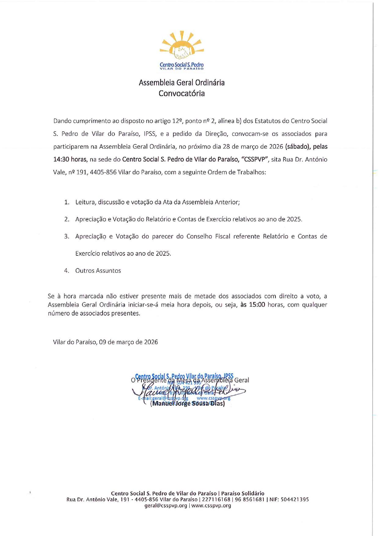 Convocatória Assembleia Geral Ordinária Relatório e Contas 2025